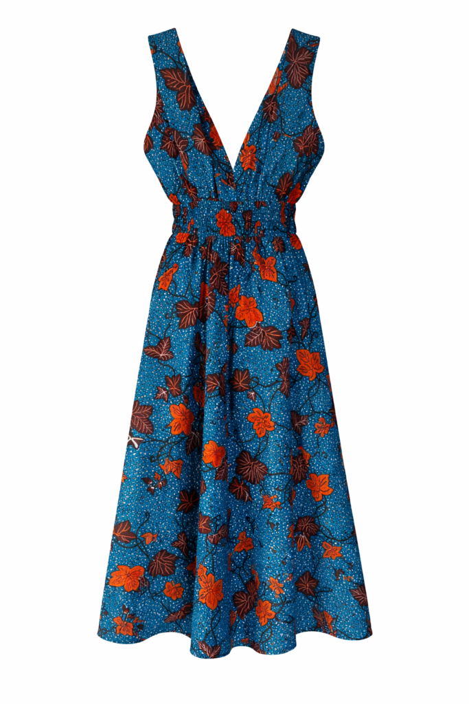 Blå/ orange midi klänning 339 kr